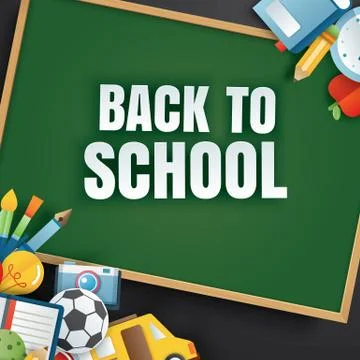 Back to school banner with education items and green chalkboard on black back Stock Illustration