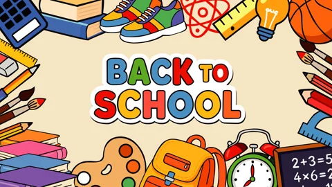 Back to School Banner with Educational Supplies, Backpack and Classroom Lear Stock Footage 337517326