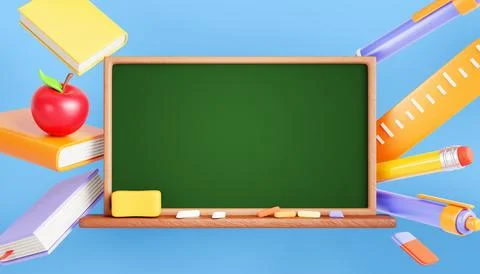 Back to school banner. Empty green blackboard with flying books, red apple Stock Illustration