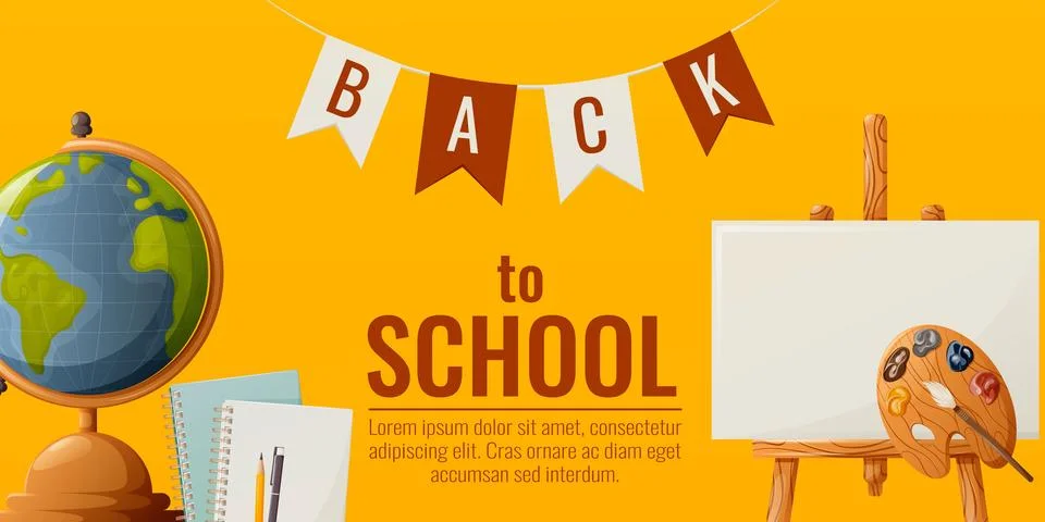 Back to school banner. Globe, notebooks on rings with a pen and pencil Stock Illustration