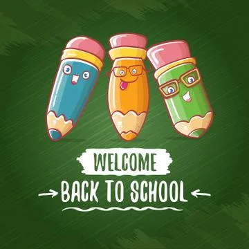 Back to school banner or poster with cartoon funky pencil and hand drawn doodle Illustrazione stock