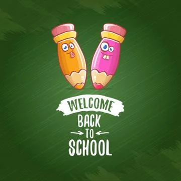Back to school banner or poster with cartoon funky pencil and hand drawn doodle Stock Illustration