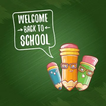 Back to school banner or poster with cartoon funky pencil and hand drawn doodle Stock Illustration