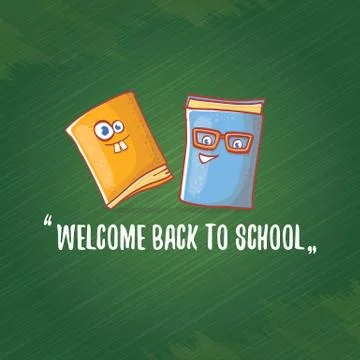 Back to school banner or poster with cartoon funky book and hand drawn doodle Illustrazione stock