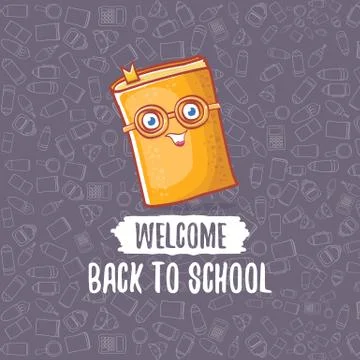 Back to school banner or poster with cartoon funky book and hand drawn doodle Stock Illustration
