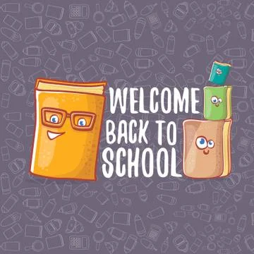 Back to school banner or poster with cartoon funky book and hand drawn doodle Stock Illustration