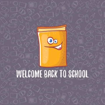 Back to school banner or poster with cartoon funky book and hand drawn doodle Illustrazione stock