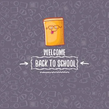 Back to school banner or poster with cartoon funky book and hand drawn doodle Stock Illustration