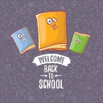 Back to school banner or poster with cartoon funky book and hand drawn doodle Stock Illustration
