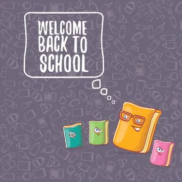 Back to school banner or poster with cartoon funky book and hand drawn doodle Illustrazione stock