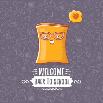 Back to school banner or poster with cartoon funky book and hand drawn doodle Stock Illustration