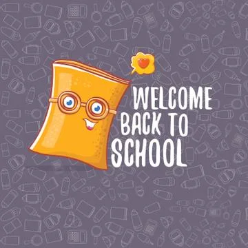 Back to school banner or poster with cartoon funky book and hand drawn doodle Stock Illustration
