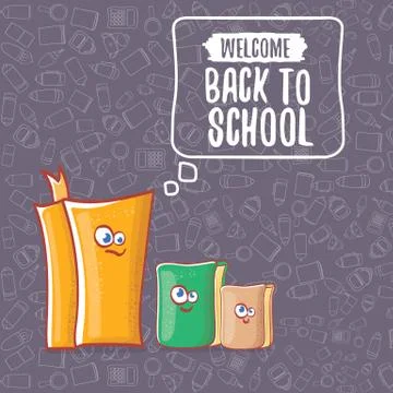 Back to school banner or poster with cartoon funky book and hand drawn doodle Stock Illustration