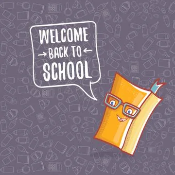 Back to school banner or poster with cartoon funky book and hand drawn doodle Stock Illustration