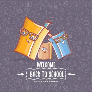 Back to school banner or poster with cartoon funky book and hand drawn doodle Stock Illustration