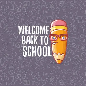 Back to school banner or poster with cartoon funky pencil and hand drawn doodle Stock Illustration