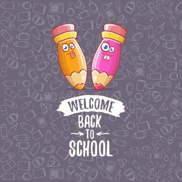 Back to school banner or poster with cartoon funky pencil and hand drawn doodle Stock Illustration