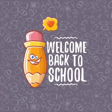 Back to school banner or poster with cartoon funky pencil and hand drawn doodle Stock Illustration