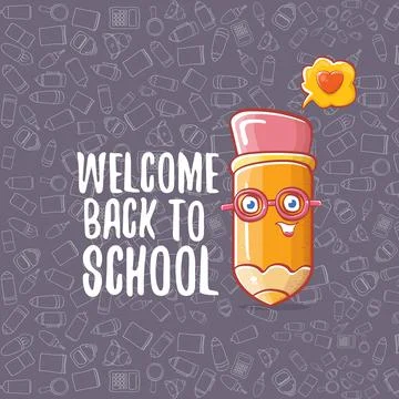 Back to school banner or poster with cartoon funky pencil and hand drawn doodle Illustrazione stock