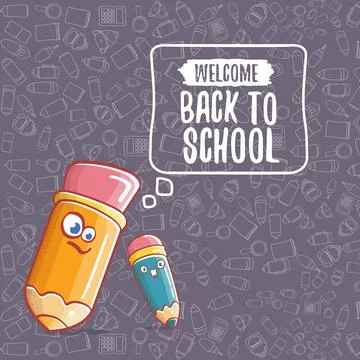 Back to school banner or poster with cartoon funky pencil and hand drawn doodle Stock Illustration
