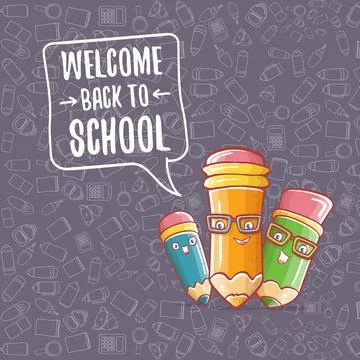 Back to school banner or poster with cartoon funky pencil and hand drawn doodle Illustrazione stock