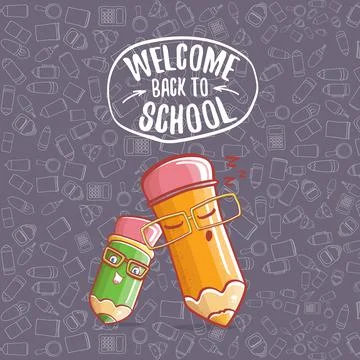 Back to school banner or poster with cartoon funky pencil and hand drawn doodle Illustrazione stock