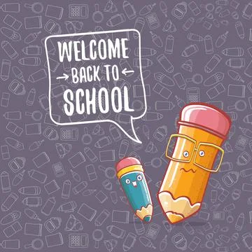 Back to school banner or poster with cartoon funky pencil and hand drawn doodle Stock Illustration