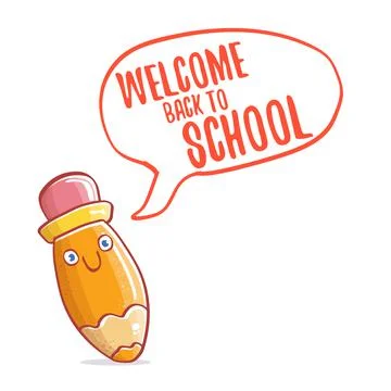Back to school banner or poster with cartoon funky pencil and hand drawn doodle Illustrazione stock