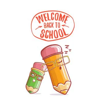 Back to school banner or poster with cartoon funky pencil and hand drawn doodle Illustrazione stock
