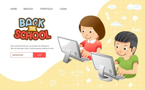 Back to school banner or poster with boy and girl using computer for online s Stock Illustration