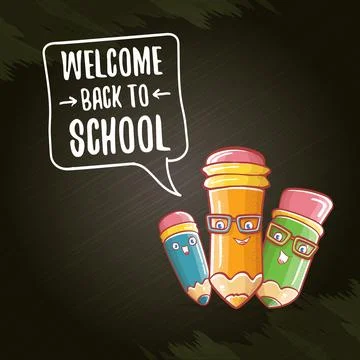 Back to school banner or poster with cartoon funky pencil and hand drawn doodle Stock Illustration