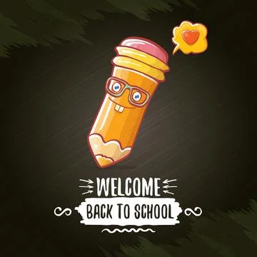 Back to school banner or poster with cartoon funky pencil and hand drawn doodle Illustrazione stock
