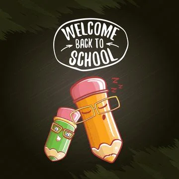 Back to school banner or poster with cartoon funky pencil and hand drawn doodle Illustrazione stock