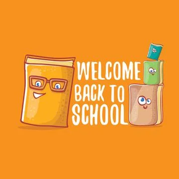 Back to school banner or poster with cartoon funky book and hand drawn doodle 스톡 일러스트