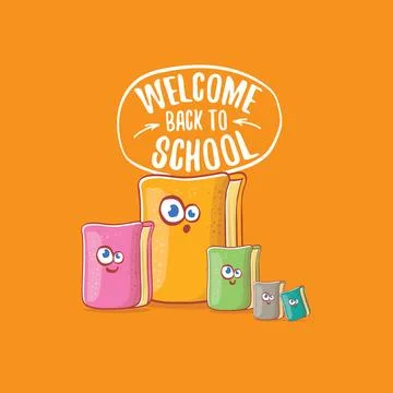 Back to school banner or poster with cartoon funky book and hand drawn doodle Illustrazione stock