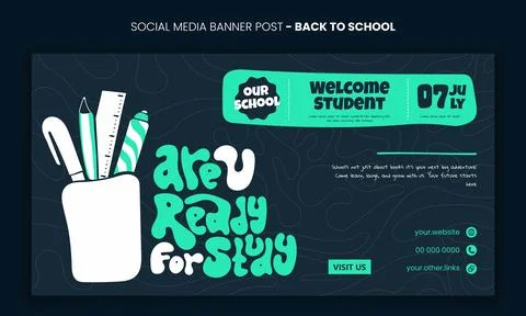Back to school. Banner post with illustration of stationery and liquid typo.. Stock Illustration