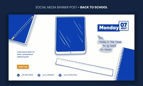 Back to school. Banner post with tablet and stationery cartoon line art in .. Stock Illustration