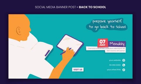 Back to school. Banner post template with illustration of student writing o.. Stock Illustration