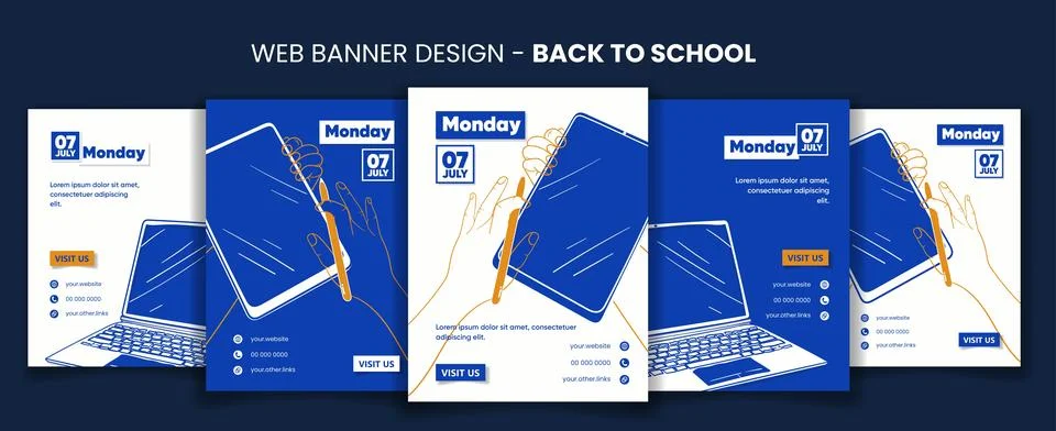 Back to school. Banner post template in blue white monochrome background wi.. Stock Illustration