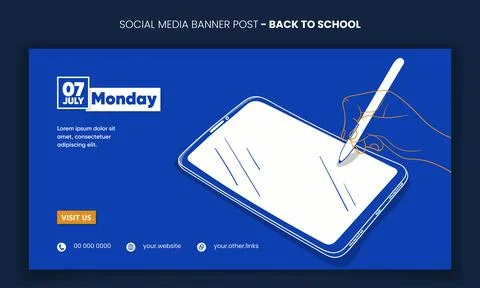 Back to school. Banner post template with writing on tablet in blue white m.. Stock Illustration