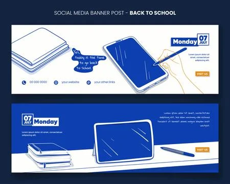 Back to school. Banner post template with hand writing on tablet in blue mo.. Stock Illustration