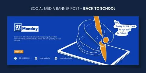 Back to school. Banner post template with hand writing on tablet in blue mo.. Stock Illustration