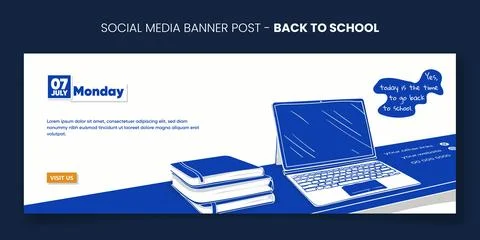 Back to school. Banner post template with cartoon book and laptop in monoch.. Stock Illustration
