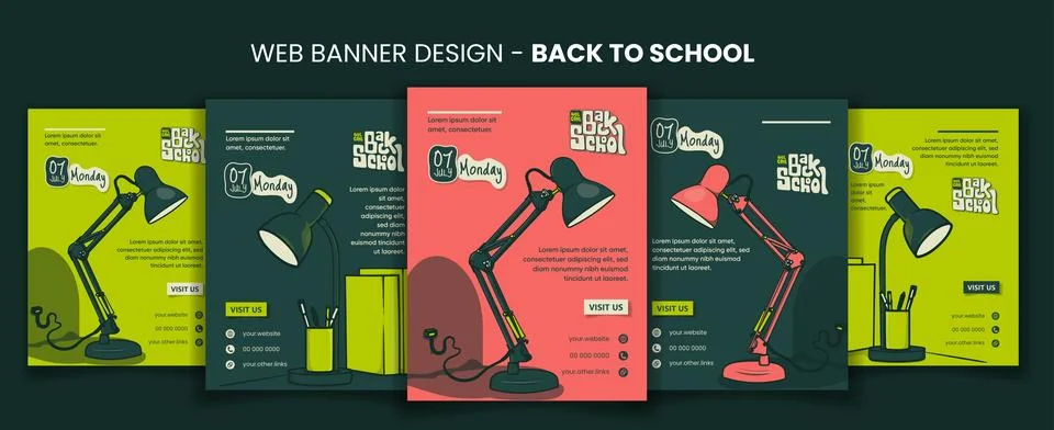 Back to school. Banner post template with cartoon of desk lamp in green bac.. Stock Illustration