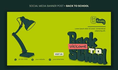 Back to school. Banner post template with desk lamp and 3d typography of ba.. Stock Illustration
