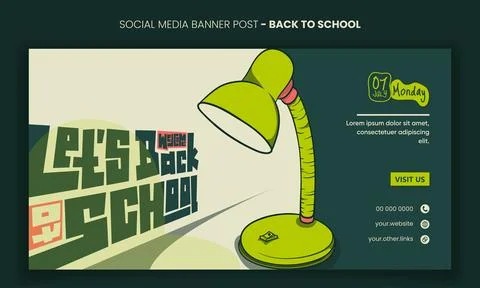 Back to school. Banner post template with green desk lamp and typography de.. Stock Illustration