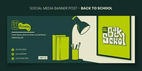 Back to school. Banner post template with cartoon of stationery and desk la.. Stock Illustration