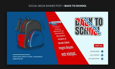 Back to school. Banner post template with backpack in blue red vintage back.. Stock Illustration