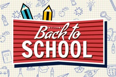 Back to school banner, retro. Background template icons accessories Stock Illustration