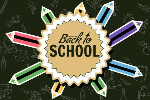 Back to school banner, retro. Background template icons accessories Stock Illustration
